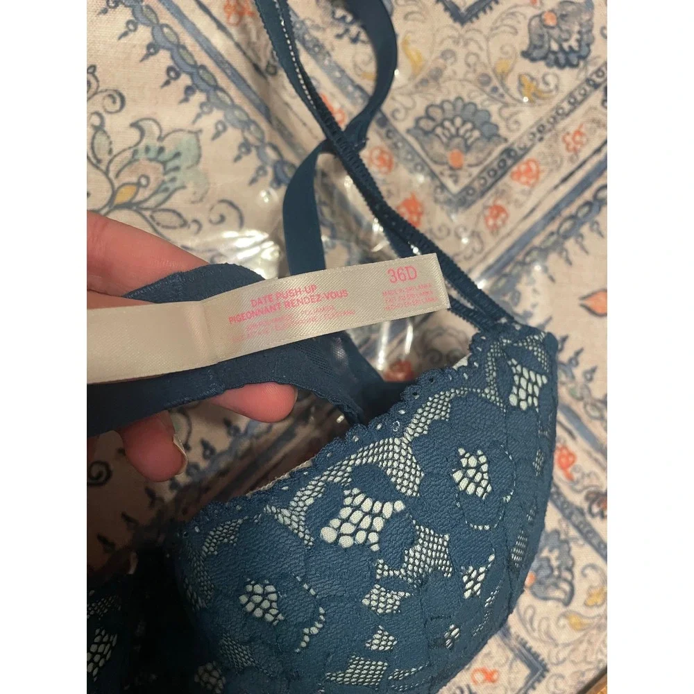 Victoria's Secret PINK Date Push Up Bra 36D Teal Blue Floral Lace Underwire